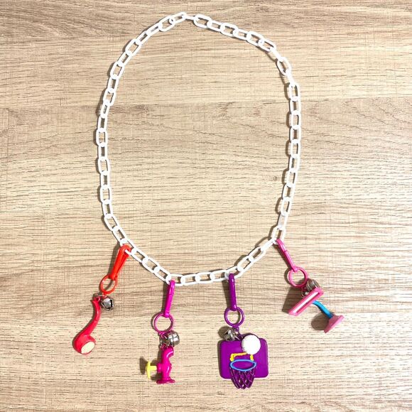 Vtg Plastic Charms Bell Clip Set of 4 Lamp Basketball Pipe White Chain Necklace - Picture 9 of 9